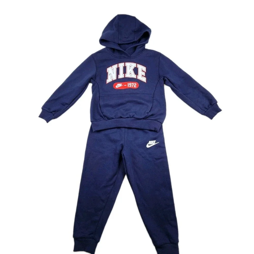 Nike 2-Piece Fleece Tracksuit Set Kid 4/5 Navy Blue Logo Retro NWT Hoodie Pocket